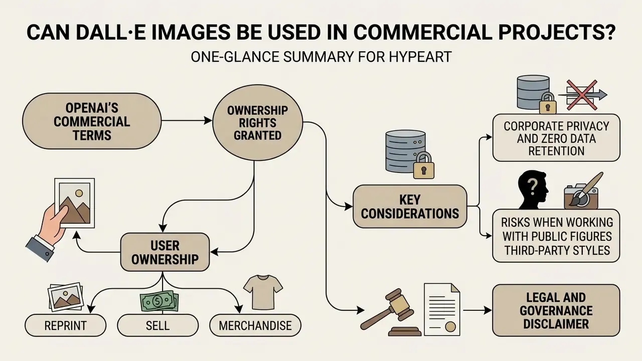 Flowchart outlining commercial ownership rights, privacy considerations, and legal risks for DALL-E images