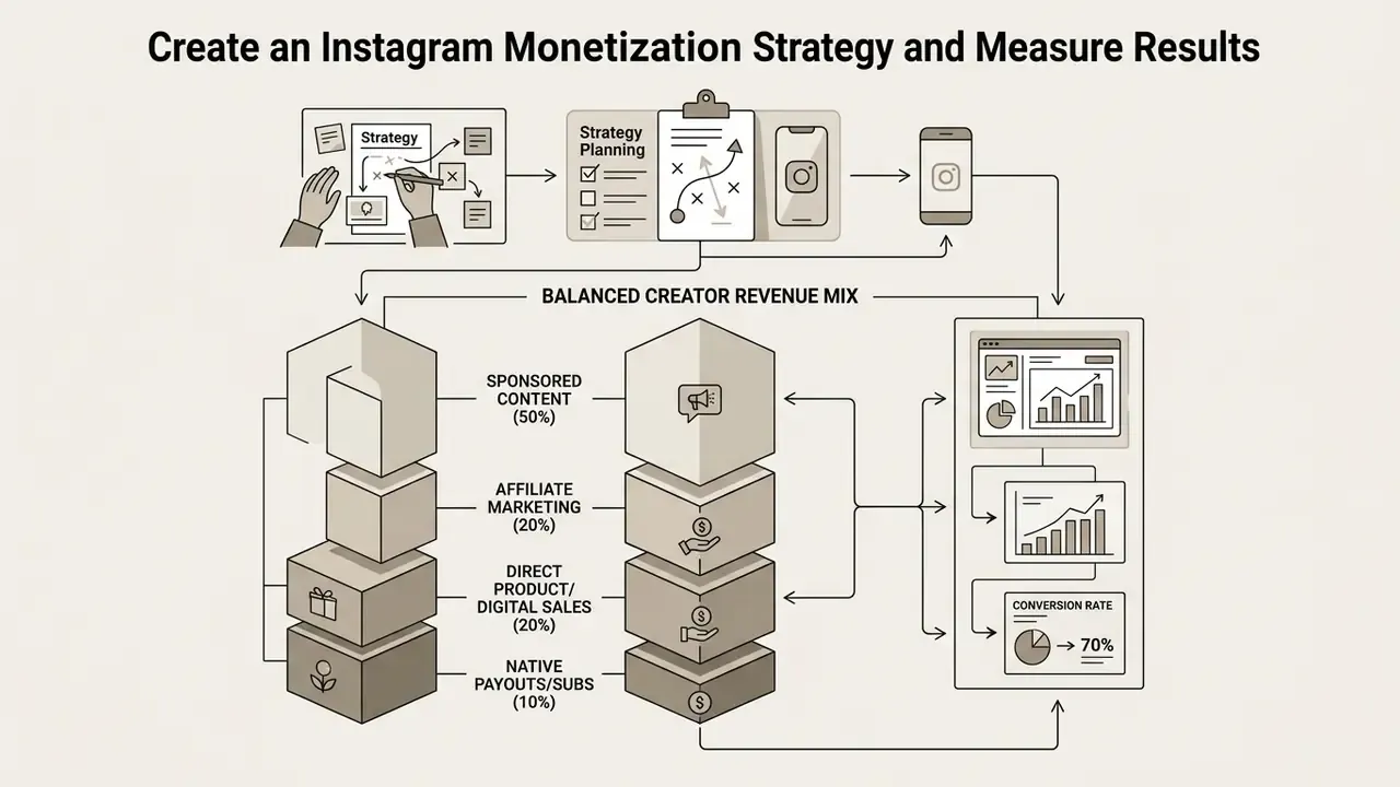 Bar chart showing a balanced creator revenue mix with corresponding performance analytics dashboards