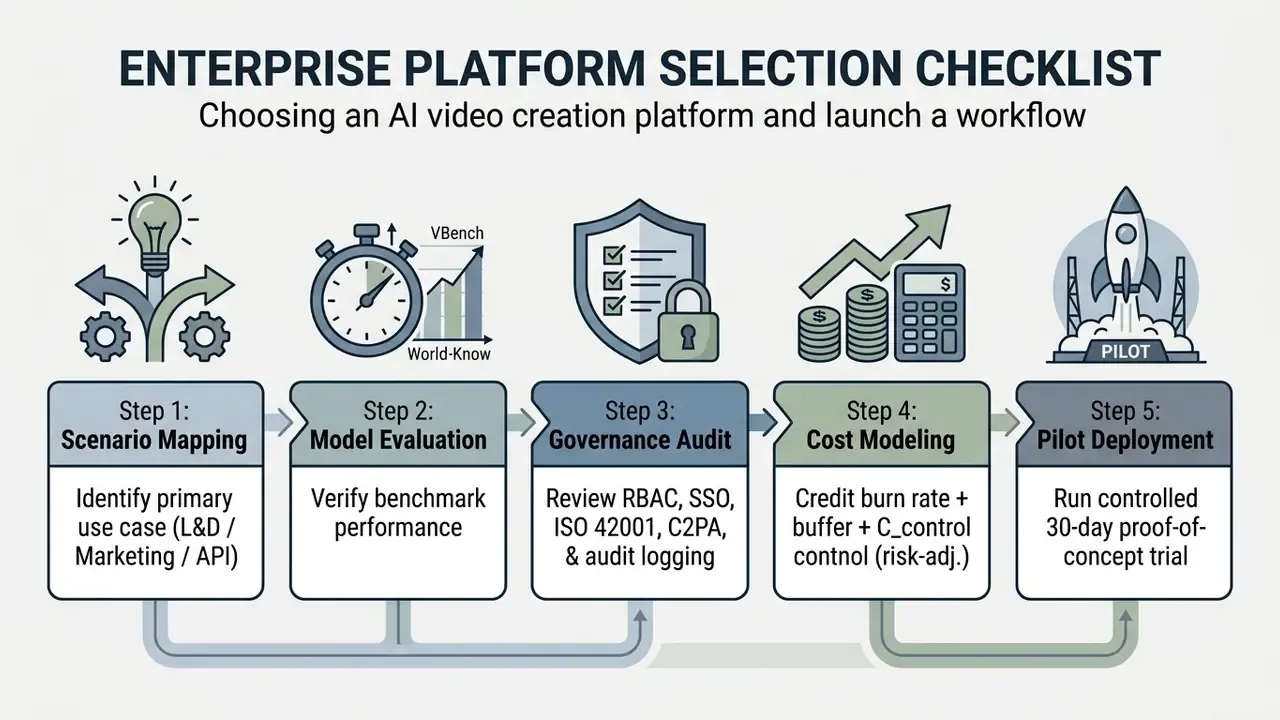 Five-step checklist diagram for selecting an enterprise AI video creation platform and launching a workflow