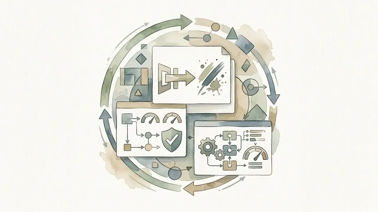 Watercolor style composition of process cards with gears, gauges, and arrows in a circular arrangement
