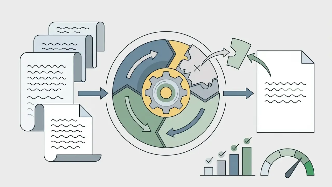 Documents feeding into a circular gear mechanism where parts are replaced and refined into a final page