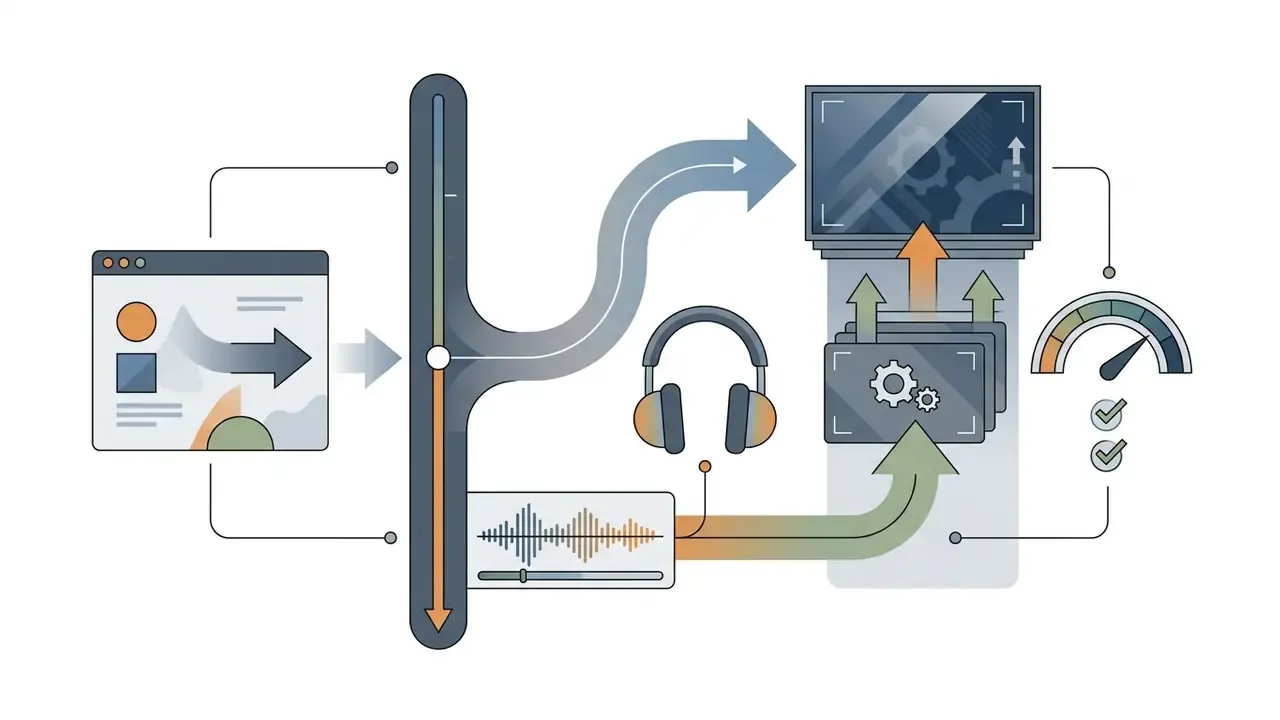 Flowchart showing audio and video inputs merging into a single generation process for synchronized output