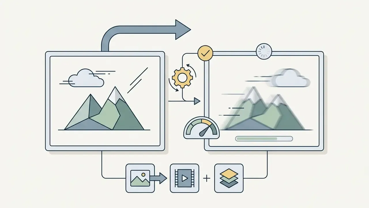 Two frames showing a mountain landscape transforming from a still image into a motion graphic sequence