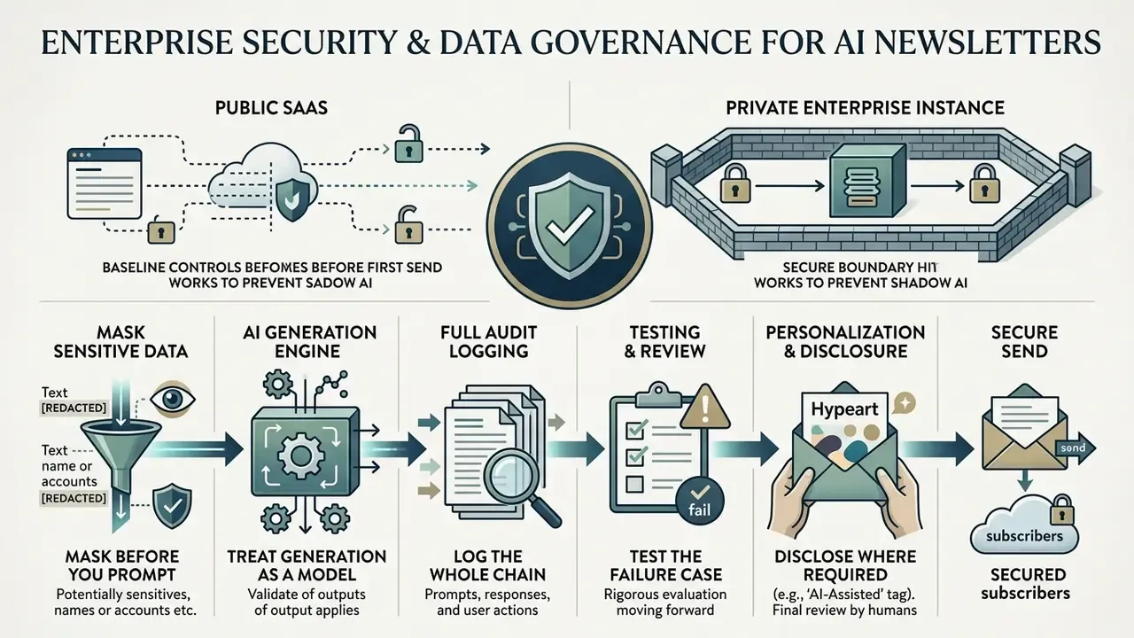 Infographic comparing public SaaS and private enterprise instances with a step-by-step data security workflow