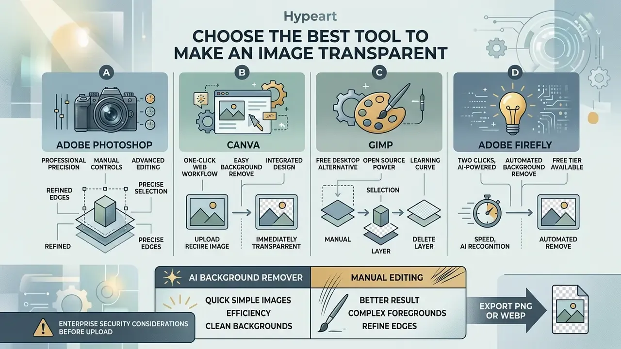 Comparison infographic outlining four software tools and workflows for creating transparent images
