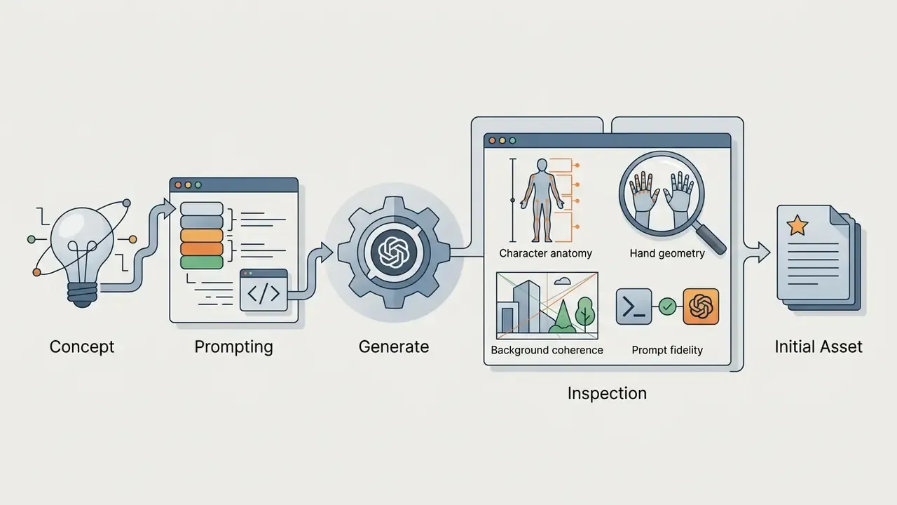 Linear process showing concept, prompting, generation, and inspection steps leading to an initial asset