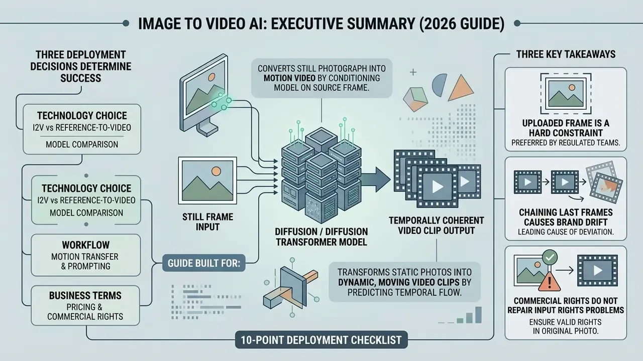 Infographic showing how an image to video AI tool processes a still frame into a coherent video sequence
