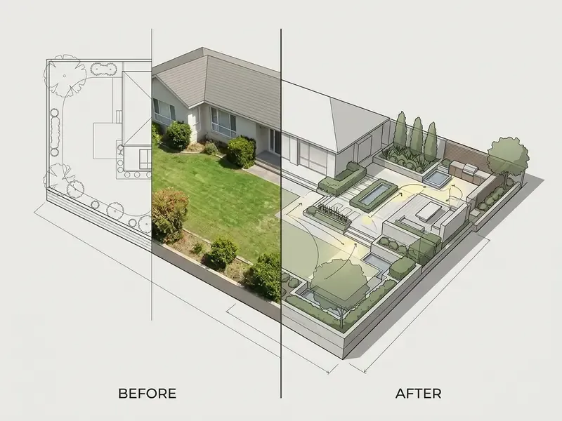 Split view showing a flat 2D site plan, a grassy backyard, and a finished 3D landscape design rendering