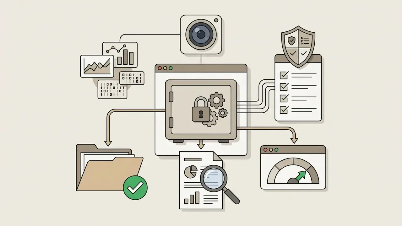 Vault icon receiving video input and outputting verified documents, compliance lists, and performance metrics