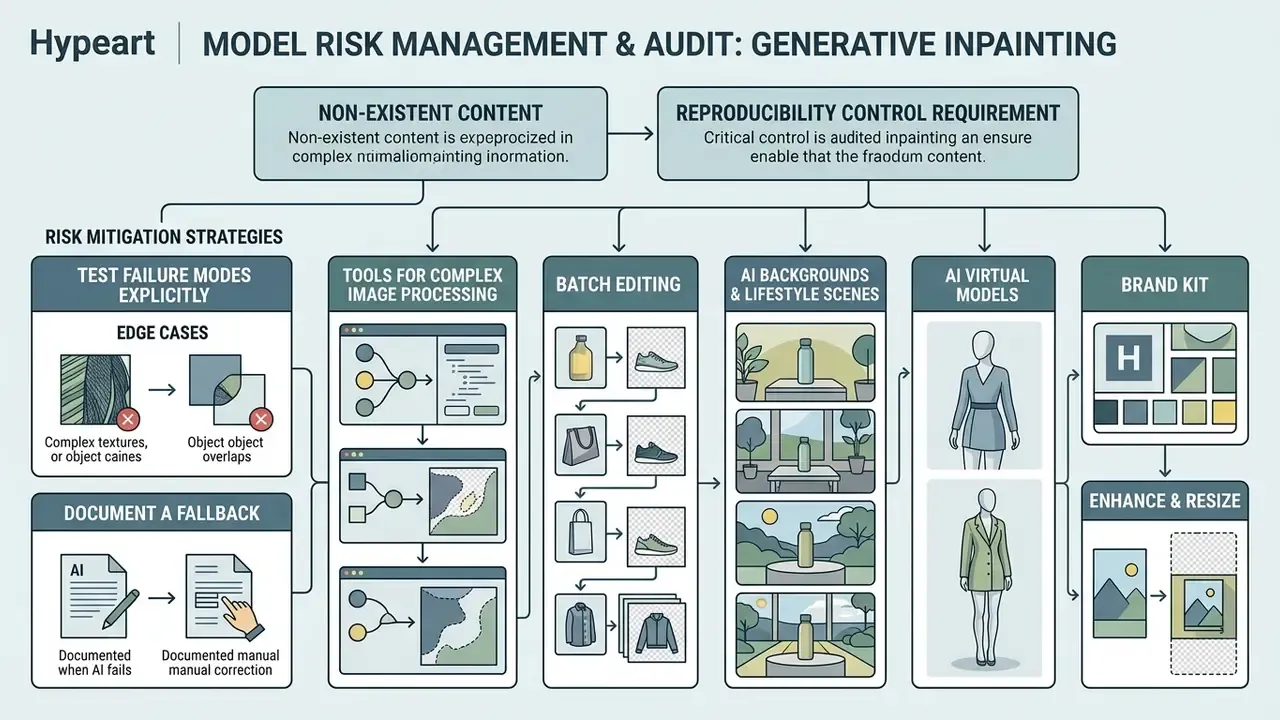 Flowchart outlining risk mitigation strategies for generative inpainting and automated content workflows