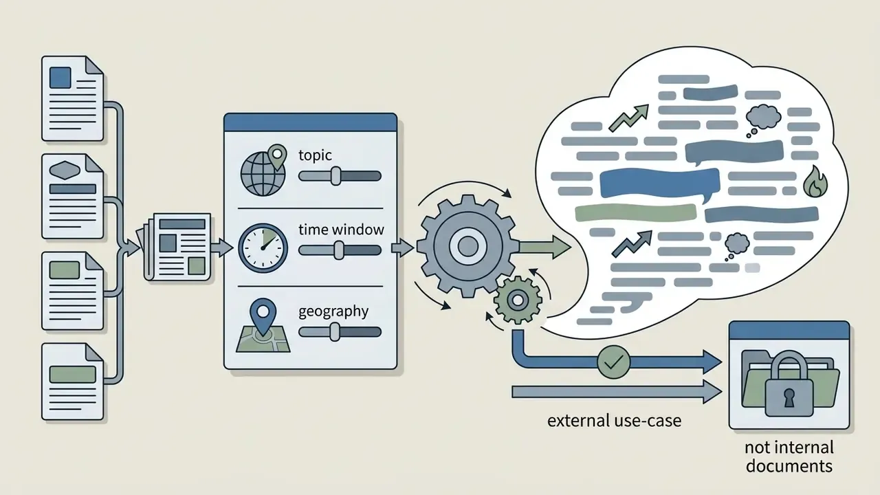 News articles filtered by topic and time feeding a gear system to generate a cloud of text data