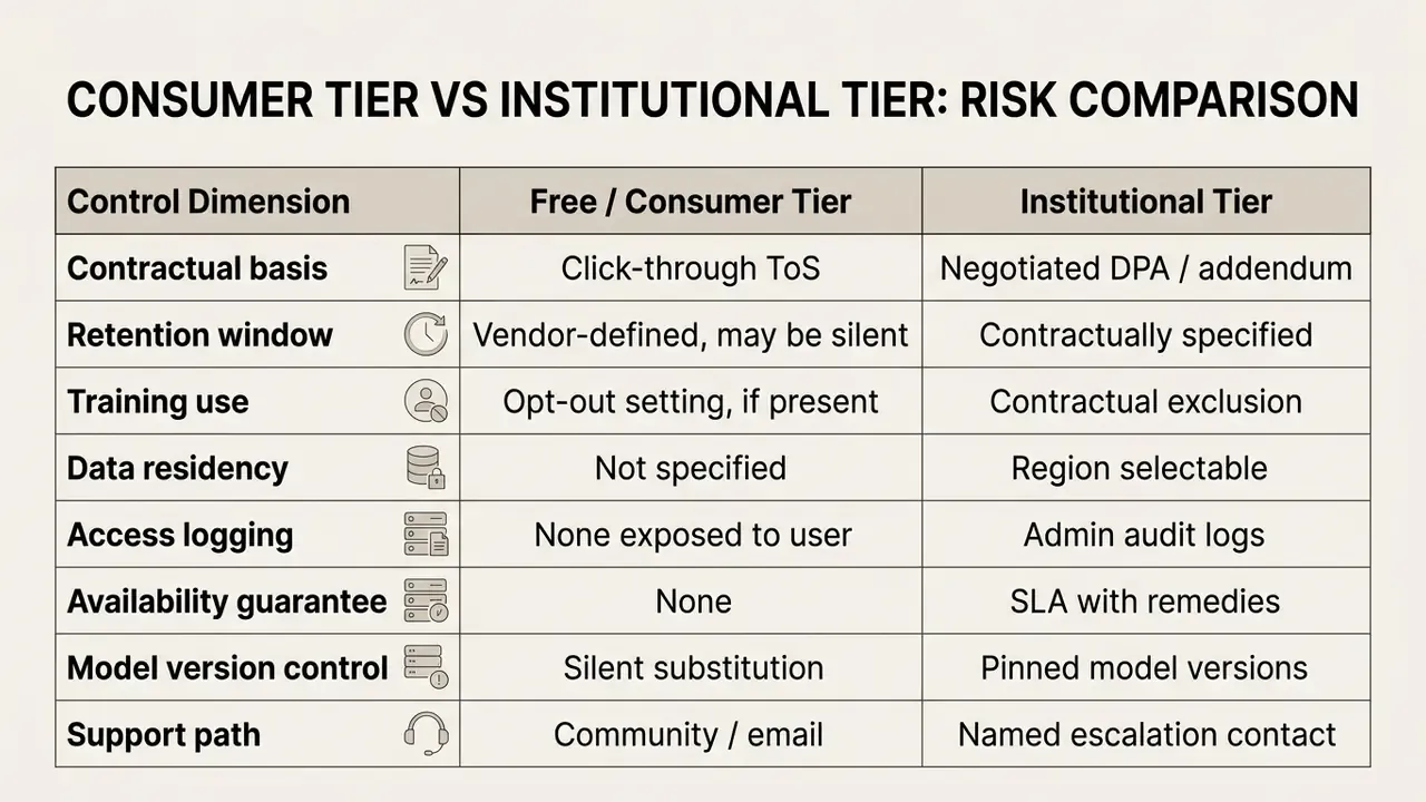 Data grid contrasting risk control dimensions between consumer and institutional AI service tiers
