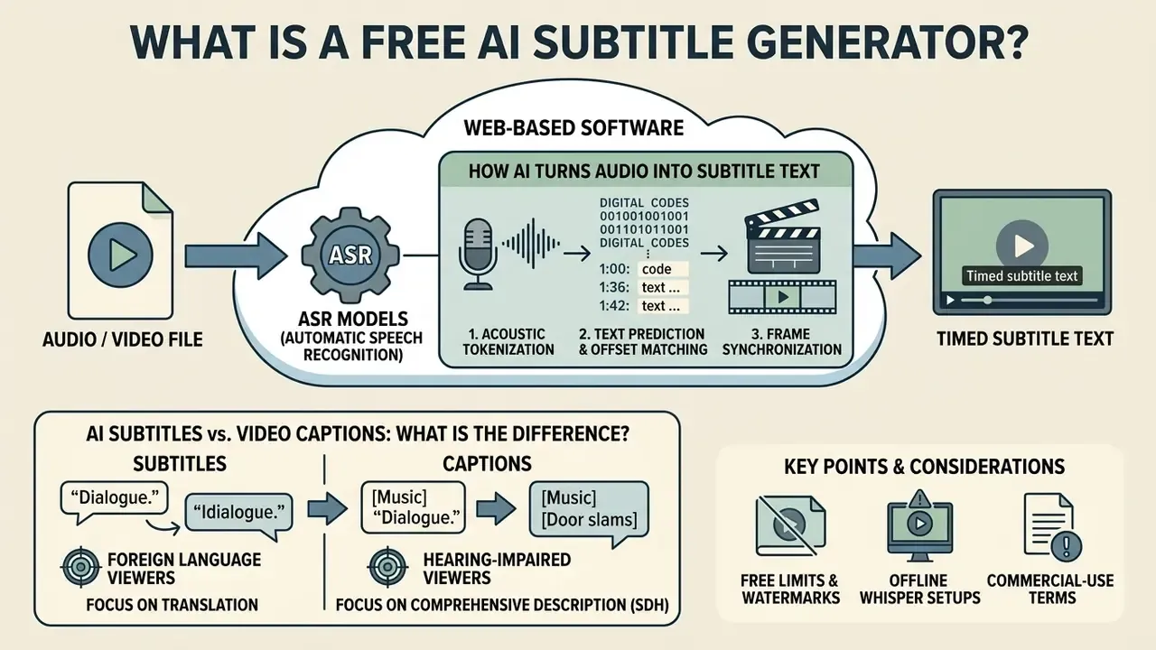 Infographic showing how a free AI subtitle generator processes audio files into timed text for video