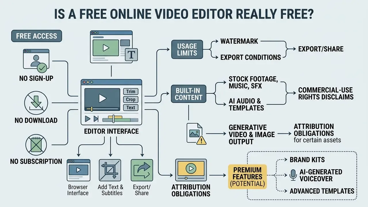 Diagram mapping potential costs and limitations associated with browser-based video editing software
