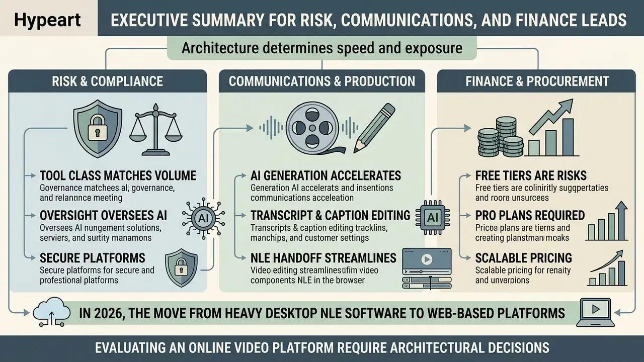 Infographic outlining architectural considerations for risk, communications, and finance in online video