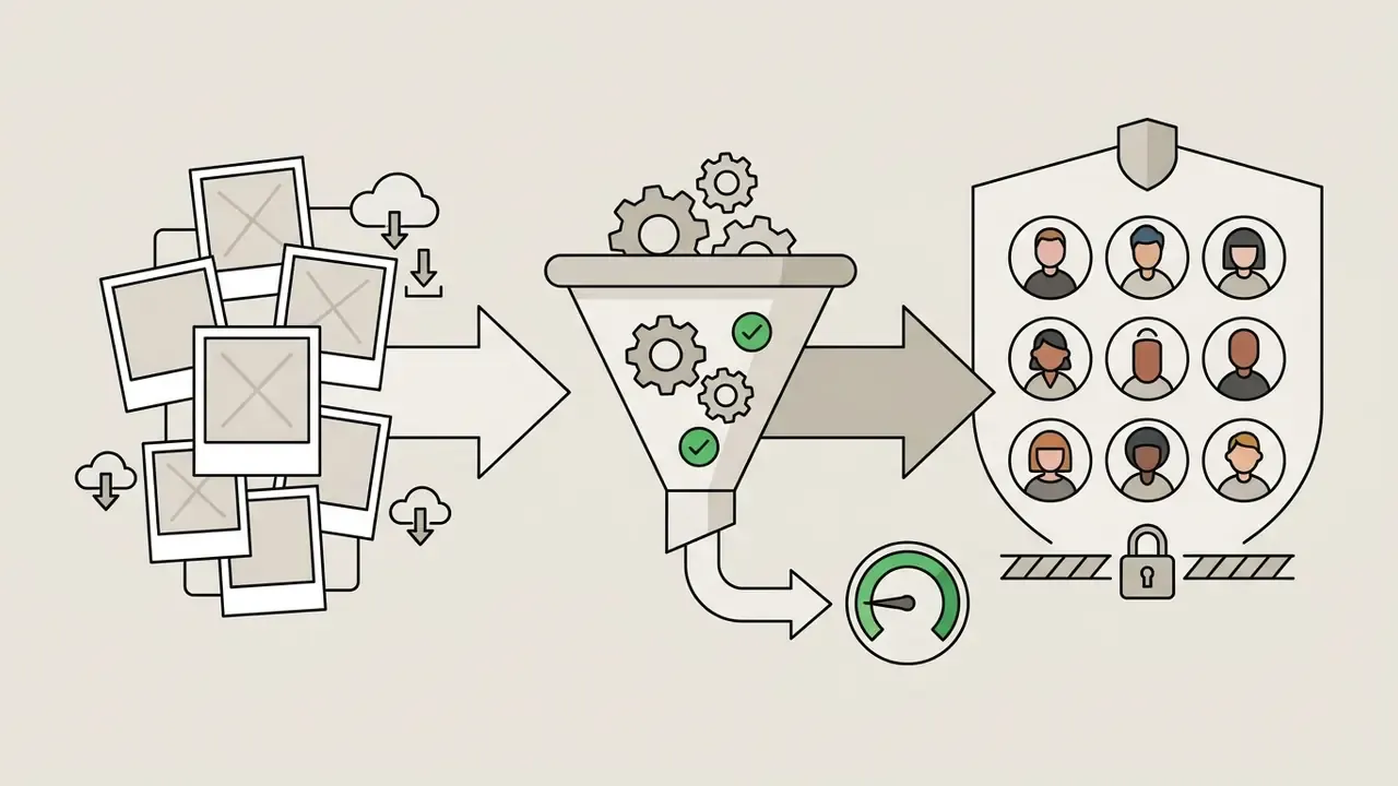 Process showing photo uploads passing through a gear-filled funnel into a protected shield of avatars