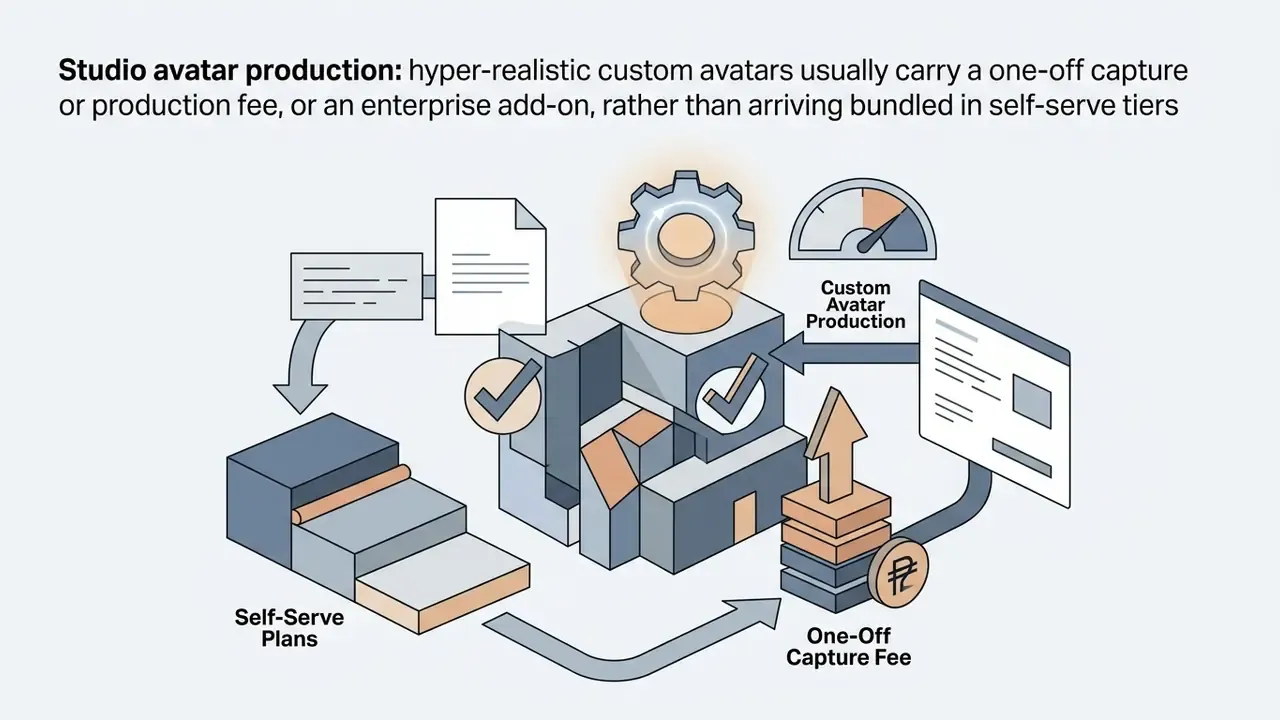 Diagram contrasting self-serve plan tiers with custom avatar production and one-off capture fees