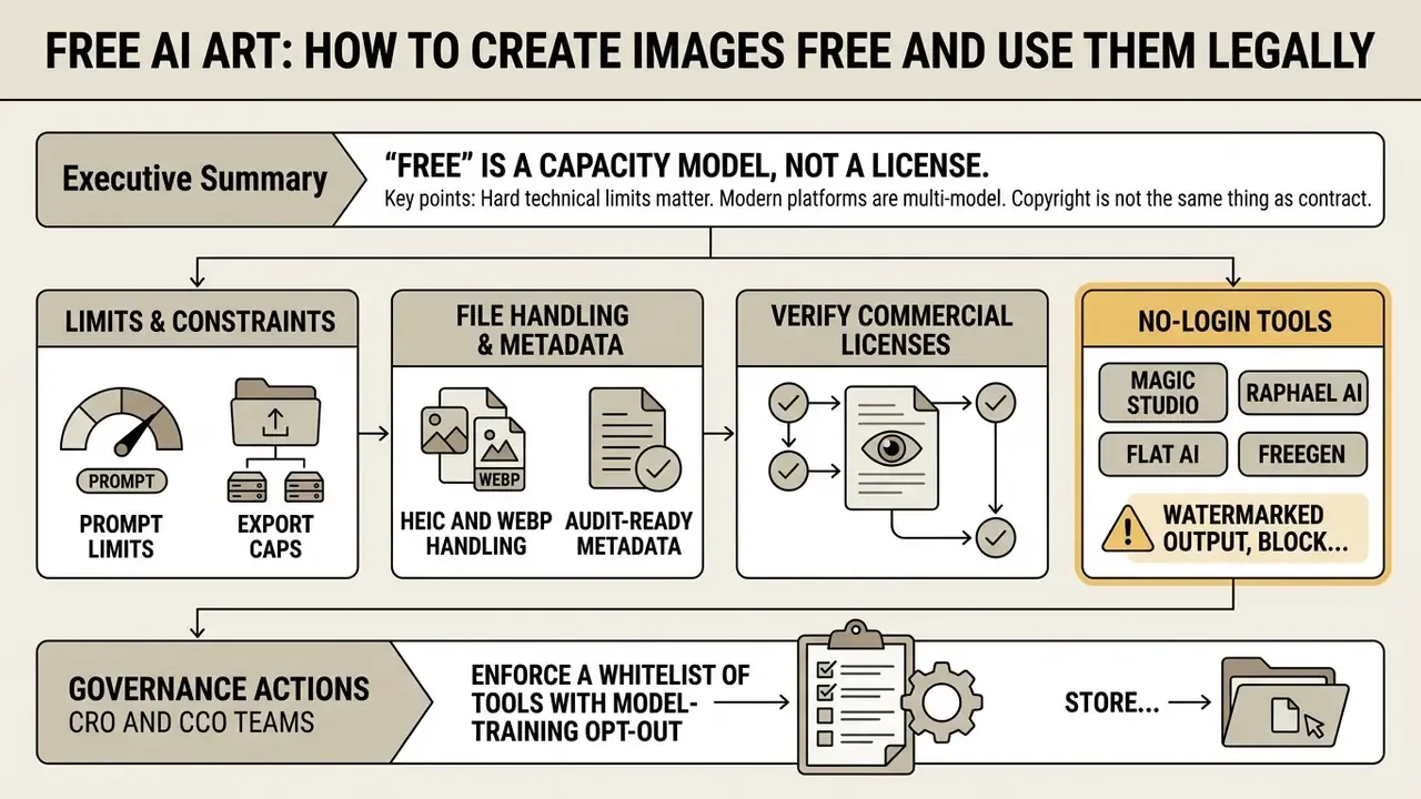 Infographic outlining legal and technical considerations for using free AI art tools in business