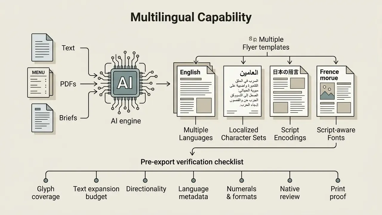 Diagram showing how AI processes input documents to generate multilingual flyers and verification steps