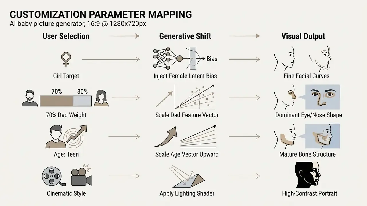 Diagram showing how user selections for an AI baby generator map to specific generative shifts and visual outputs