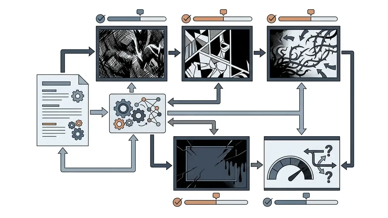 Document and gear icons connecting to panels showing dark fantasy art styles and process feedback loops