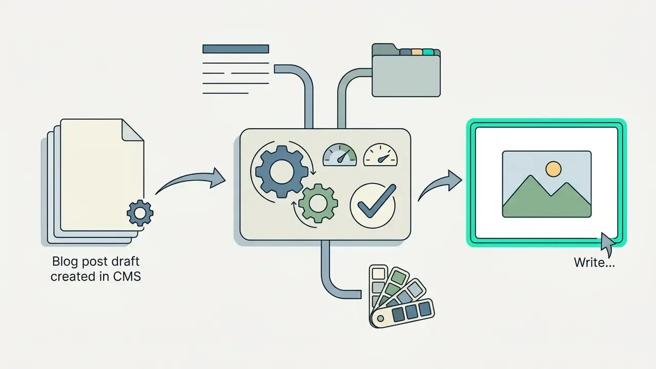 CMS blog draft feeding into an automated gear mechanism to generate and save a featured image