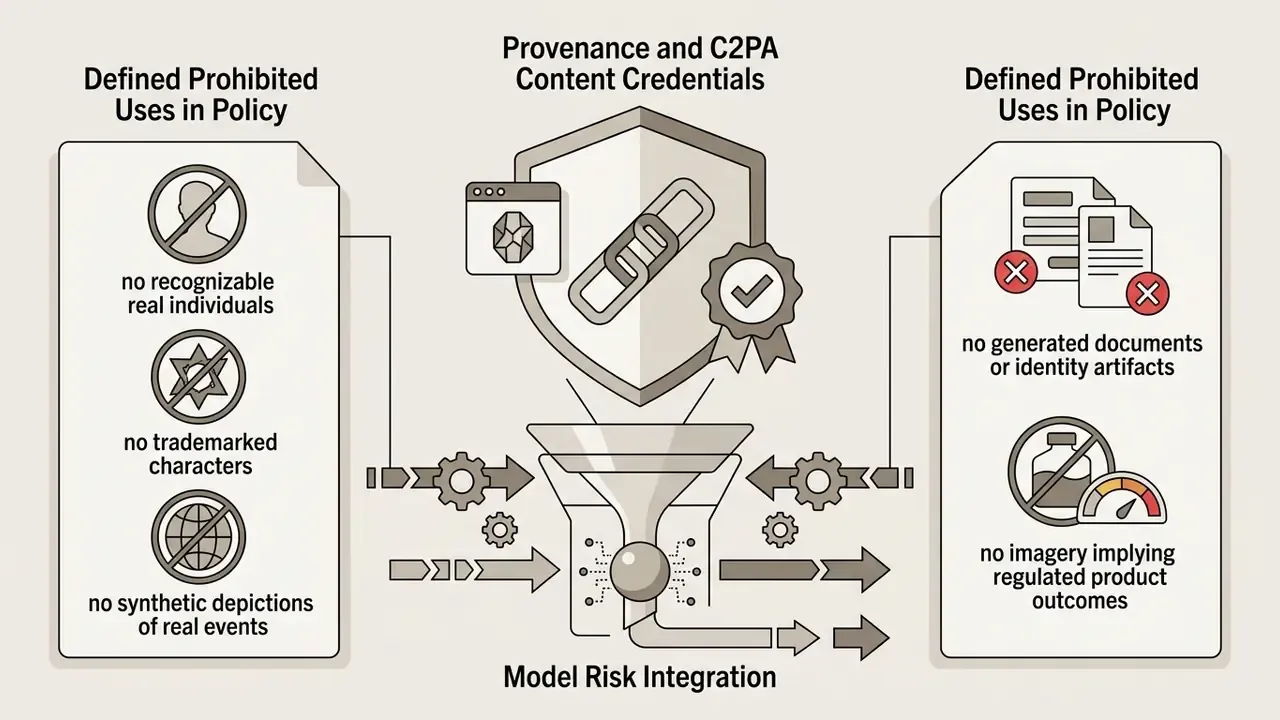 Lists of prohibited AI content uses flowing through a central funnel and shield mechanism for risk management