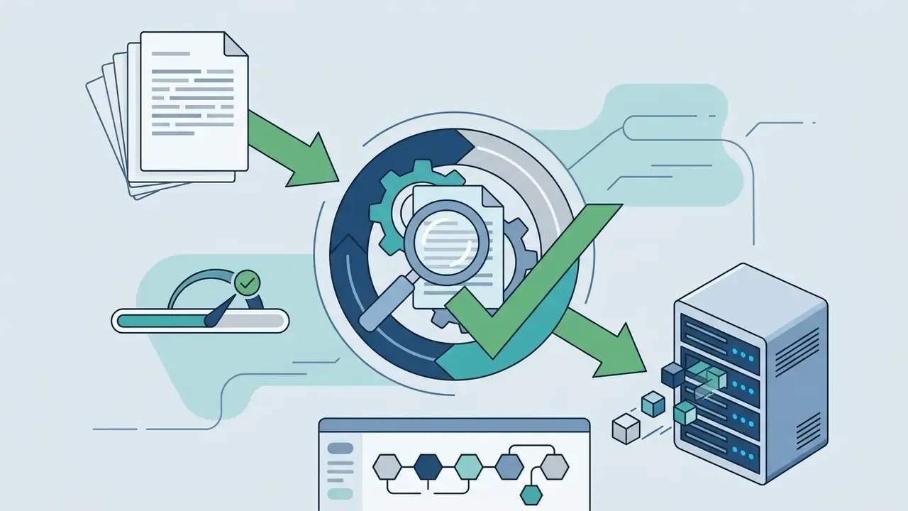 Documents moving through a magnifying glass and checkmark process into a server for storage