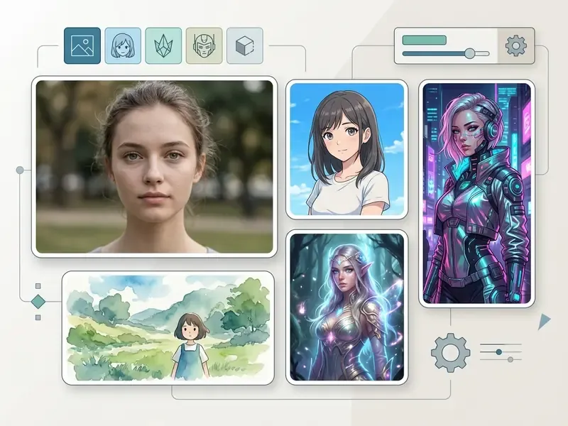 Collection of diverse AI girl image styles including realistic, anime, fantasy, and sci-fi portraits