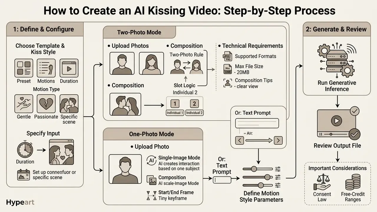 Diagram showing steps to configure, generate, and review synthetic romantic video content