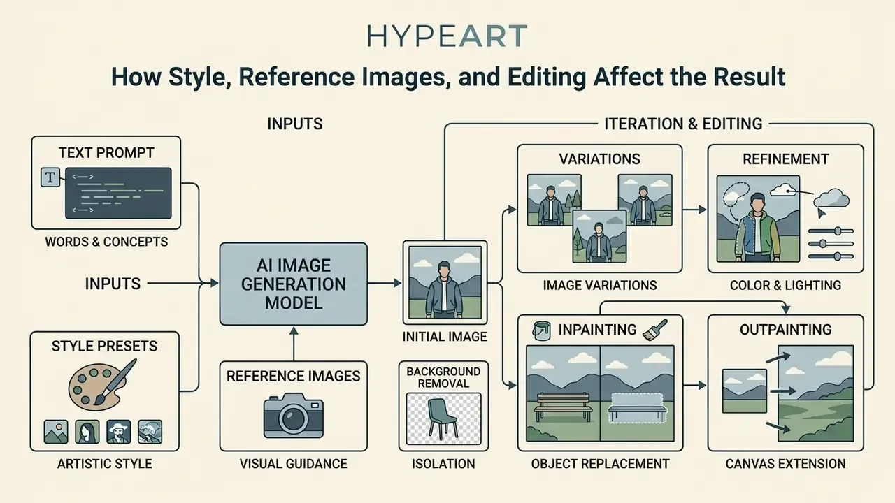 Flowchart showing how text prompts and reference images lead to AI image generation, variations, and editing