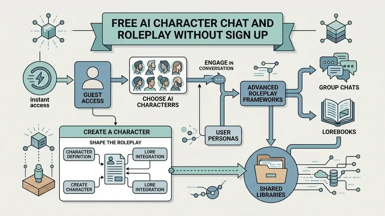 Diagram detailing character selection, roleplay frameworks, and shared libraries for interactive sessions