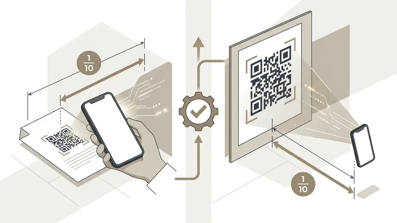 Handheld and wall-mounted QR code scanning scenarios demonstrating the one-to-ten distance ratio rule