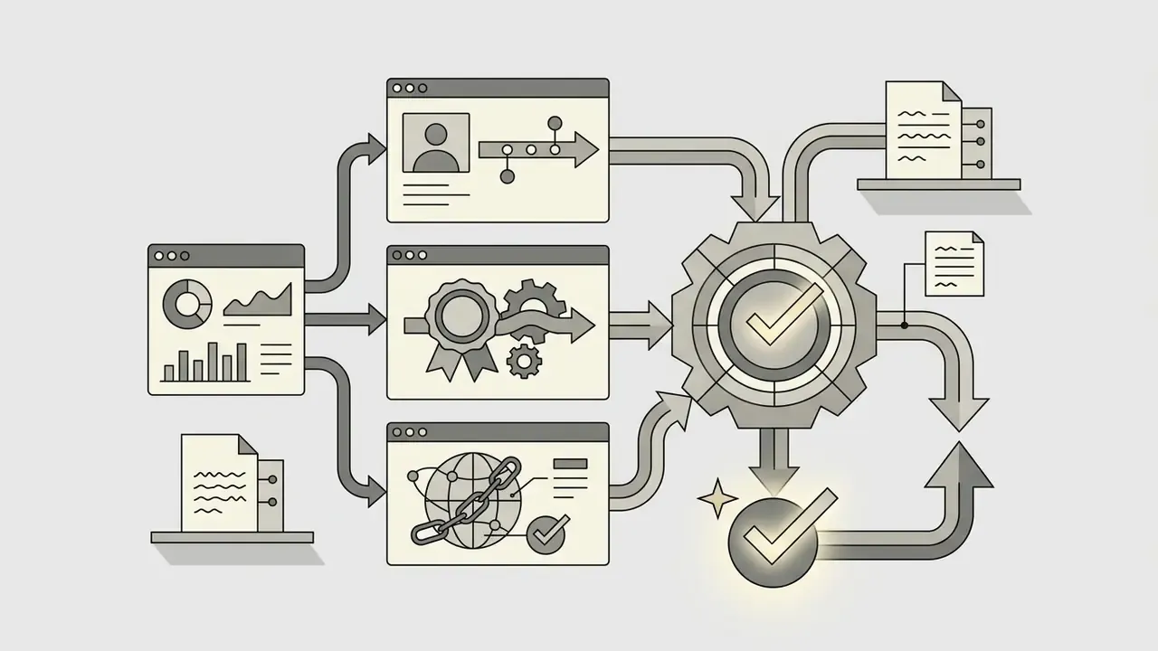 Data windows and documents feeding into a central gear system that outputs to a checked status indicator