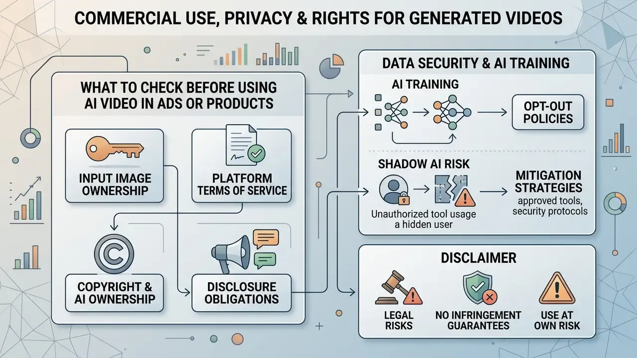 Flowchart outlining legal considerations, data security risks, and disclosure requirements for AI video