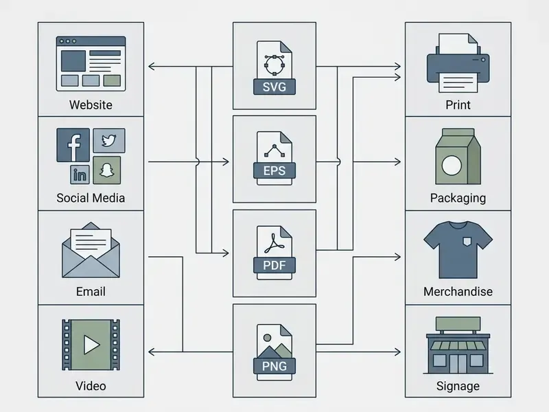 Matrix mapping SVG, EPS, PDF, and PNG file formats to digital and physical media application channels