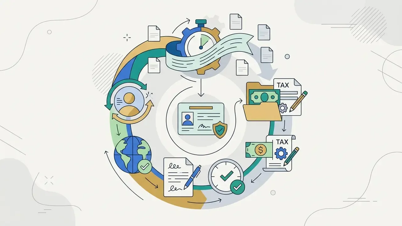 Circular process diagram showing identity verification, tax documentation, and payout setup steps