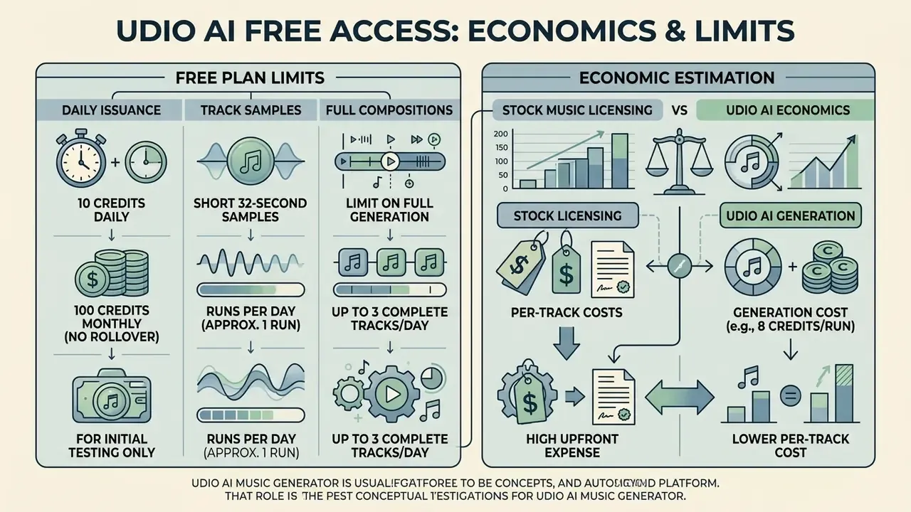Infographic comparing Udio AI free plan credit limits with traditional stock music licensing economics