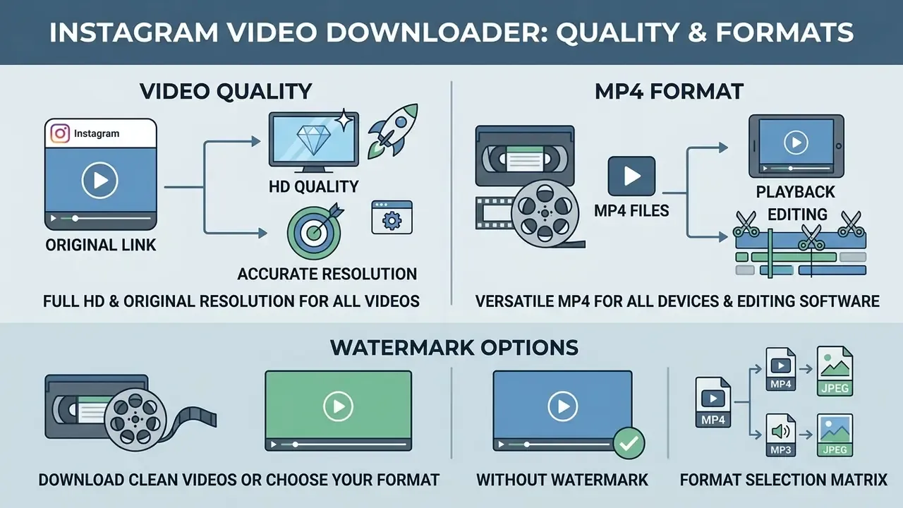 Infographic summarizing video quality, MP4 format, and watermark options for an Instagram video downloader