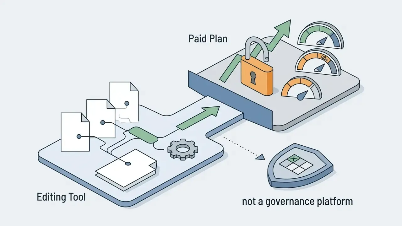 Documents moving into a paid plan section with a padlock and gauges alongside a separate shield icon