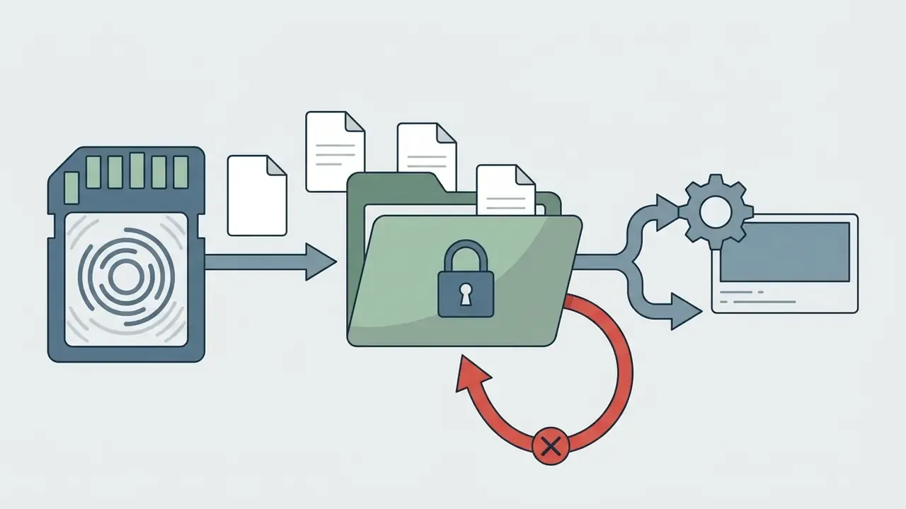 SD card transferring files into a locked master folder with a red circular arrow indicating no transcoding