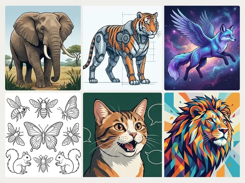 Grid of six diverse animal images created by an ai animal generator including fantasy and stylized art