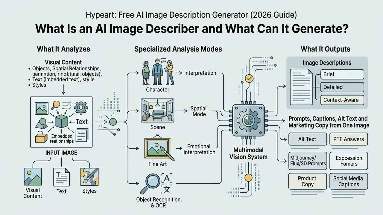 Flowchart showing how an AI image describer processes visual inputs into detailed text outputs