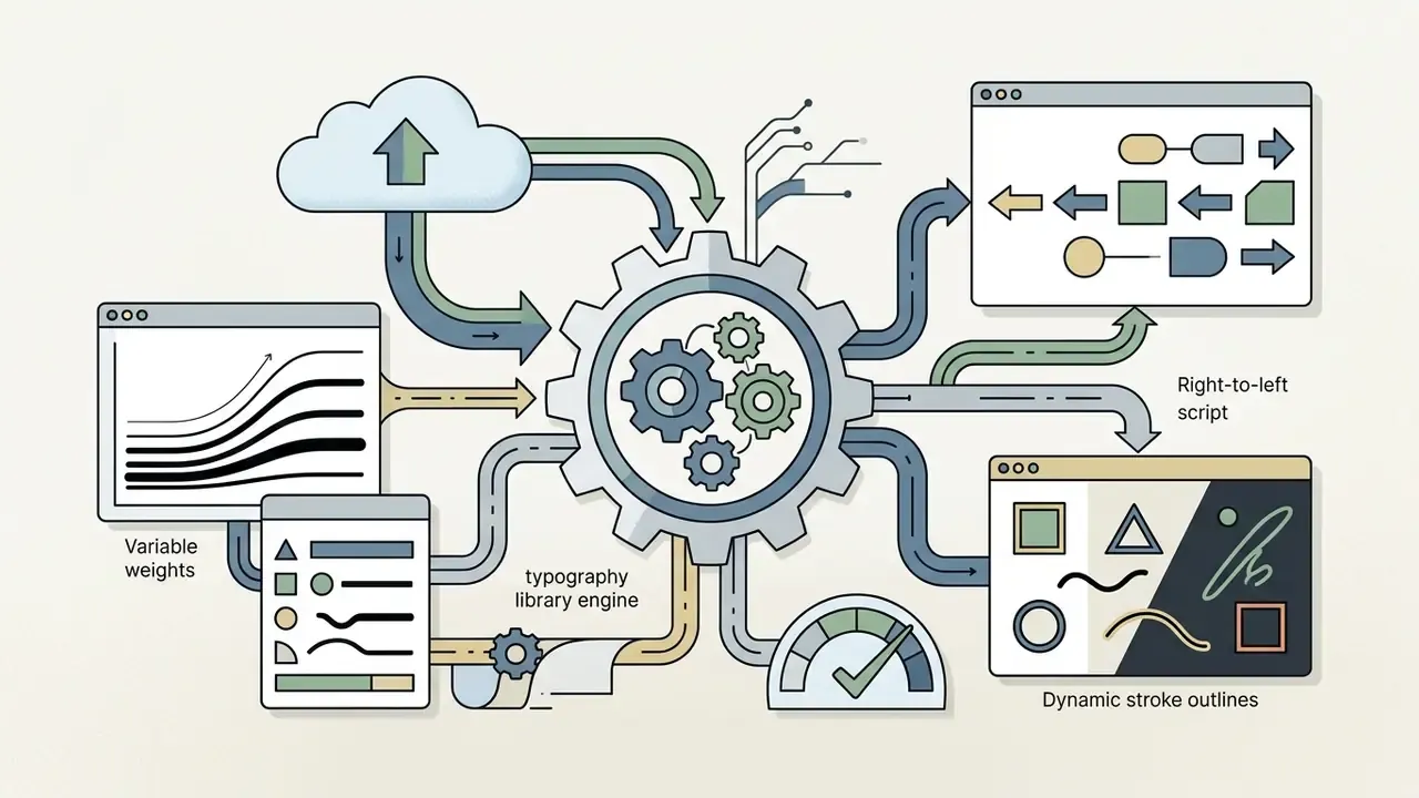 Central gear mechanism connecting cloud fonts, variable weights, and dynamic stroke outline processes