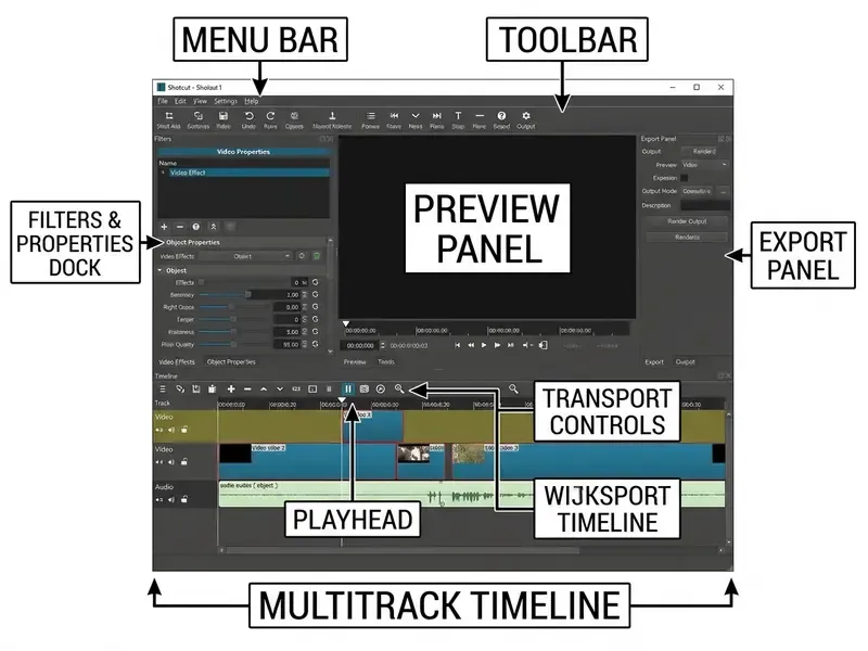 Shotcut interface layout showing the preview panel, multitrack timeline, and various functional panels