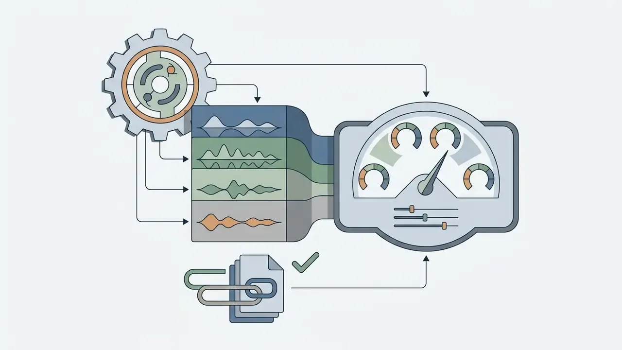 Gear and audio waveform tracks feeding into a performance gauge with sliders and a linked document