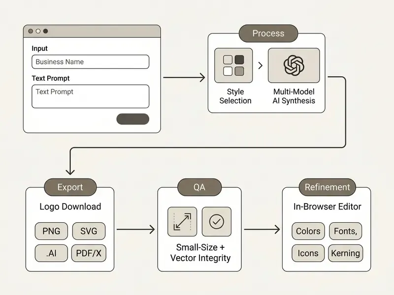 Flowchart outlining the steps from initial user input to final file export in an AI logo maker