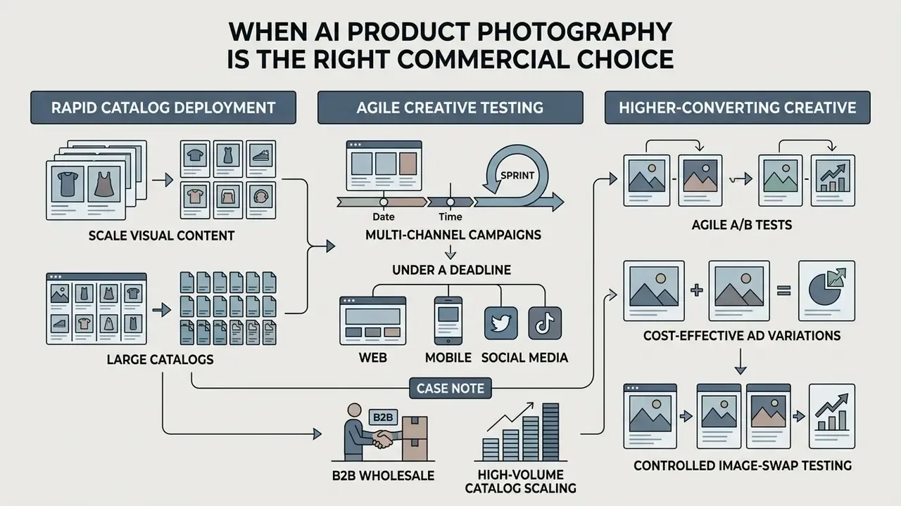 Infographic showing how AI product photography supports catalog scaling, agile testing, and multi-channel campaigns