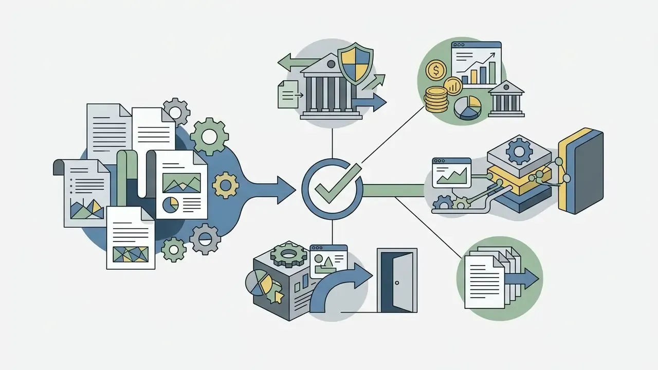Documents flowing into a verification hub that connects to financial, data, and exit strategy icons