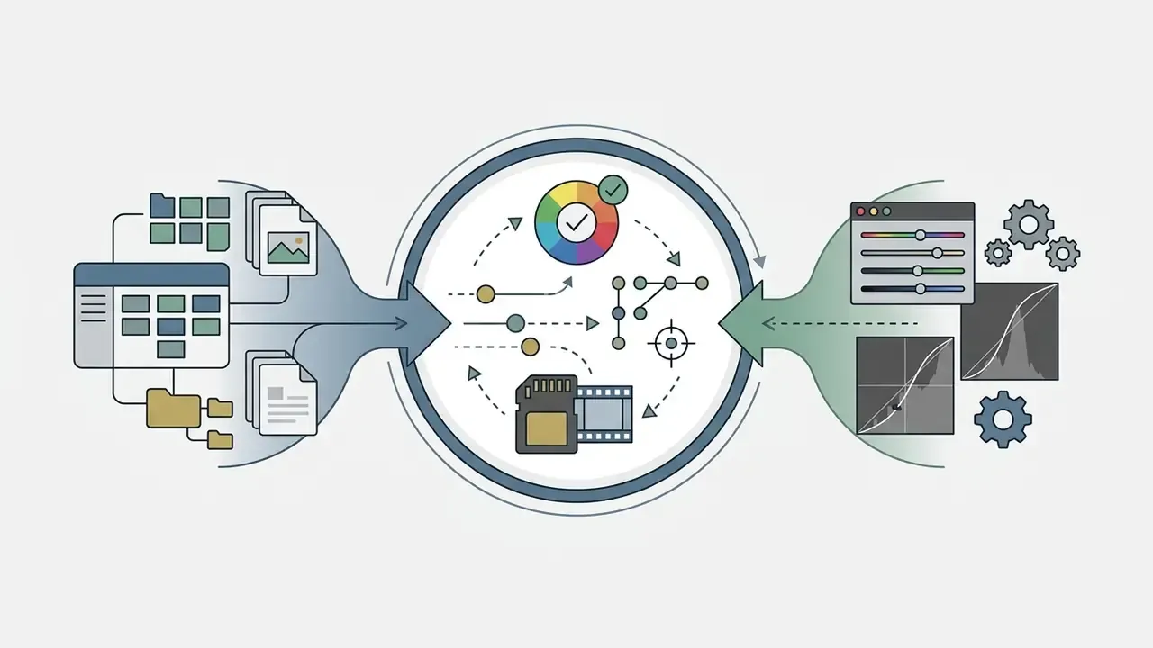 File management icons and editing panels converging into a circular processing hub with color and data tools